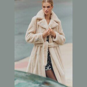 NEW Avec Les Filles Sizes M, L Embellished Faux Fur Belted Long Coat - Natural